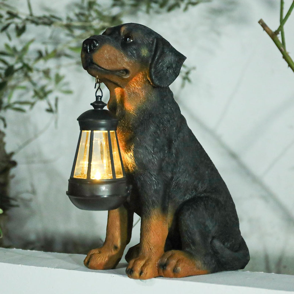 Dog Garden Statue, Rottweiler Solar Statue Holding Lantern,Rottweiler Gifts