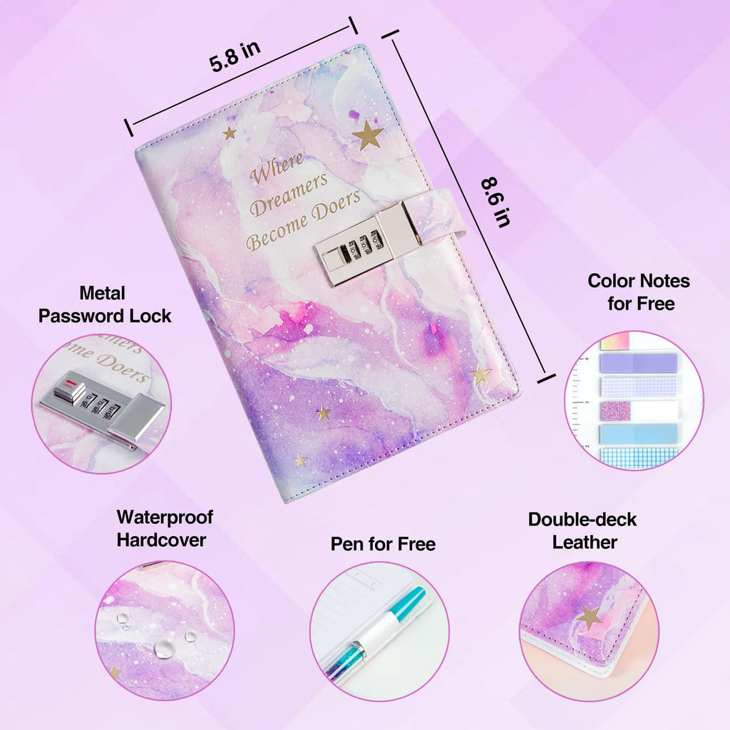 Kutoda Diary with Lock, 192 Pages College Ruled Journal with lock, A5 Secret Lock Journal with Pen and Color Notes for Girls Ages 8-12, Birthday Gifts for Girls, Purple