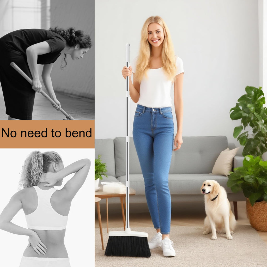 BSKLIN Broom and Dustpan Set, Broom Dustpan Combo Set for Home 52-in Long Adjustable Handle Broom with Dustpan Teeth to Clean Hair for Home Office Kitchen Lobby(White)