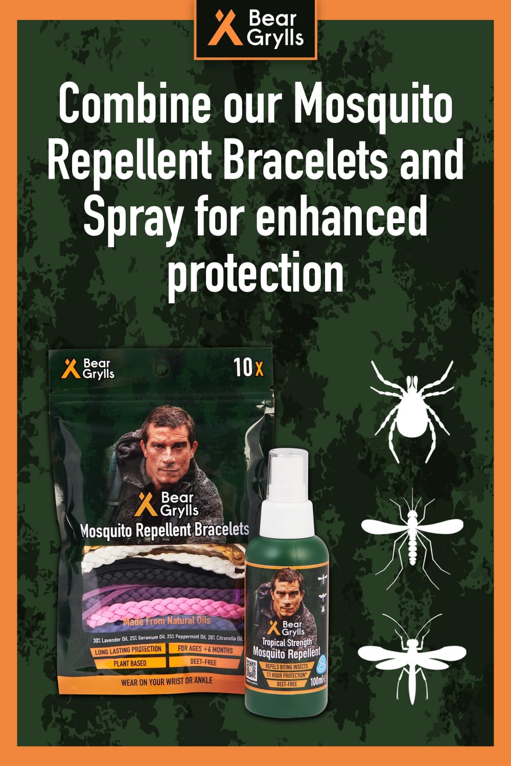 Bear Grylls Mosquito Repellent Bracelets | DEET-Free | 10 Pack