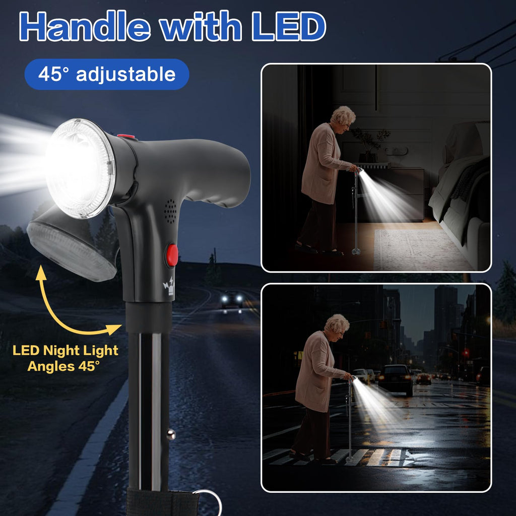 Walking Cane for Men & Women, 3-in-1 Folding Cane with Alarm and Light, Adjustable, Free Standing, Collapsible Walking Stick for Seniors Balance with a Second Handle for Standing, TIRAROME