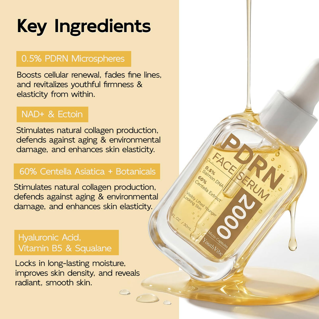 YouthVibe 0.5% PDRN Serum for Face, Anti-Aging Salmon DNA Face Serum with Hyaluronic Acid + Niacinamide + Squalane, Firming & Hydrating, Helps Smooth the Look of Fine Lines & Wrinkles, 30mL