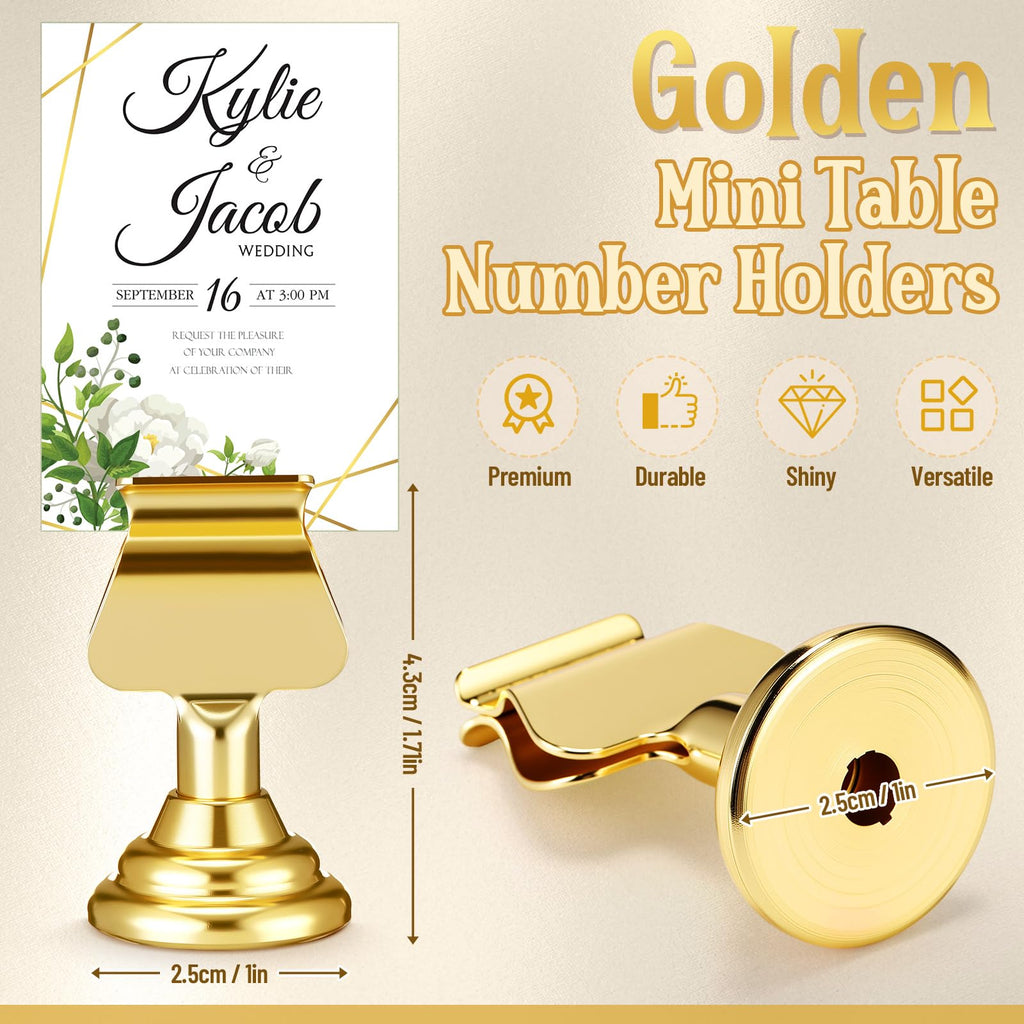 Kathfly 24 Pcs Wedding Table Number Holders 1.7 Inch Gold Mini Metal Place Card Holders Bulk Harp-clip Table Sign Stands Card Holder Display Picture Memo Notes Menu for Restaurants Birthday Decor