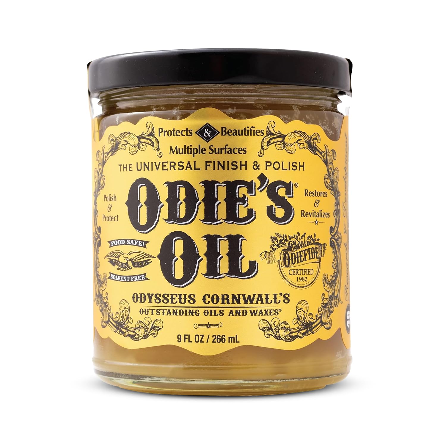 Odie's Oil - Universal Finish for Wood, Leather, Plastic, Vinyl, Metal & More - 9 Oz Jar - Waterproofs, Food Safe, Solvent Free Non-Toxic Finish