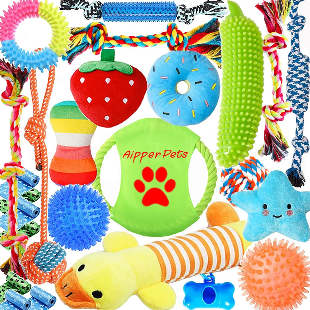 Aipper Dog Toys 25 Pack for Fun and Teeth Cleaning, Puppy Chew Toys Pack with Squeak Plush Toy,Squeaky Toy Balls,Tug of War and Rope Toys for Puppy to Small Dogs