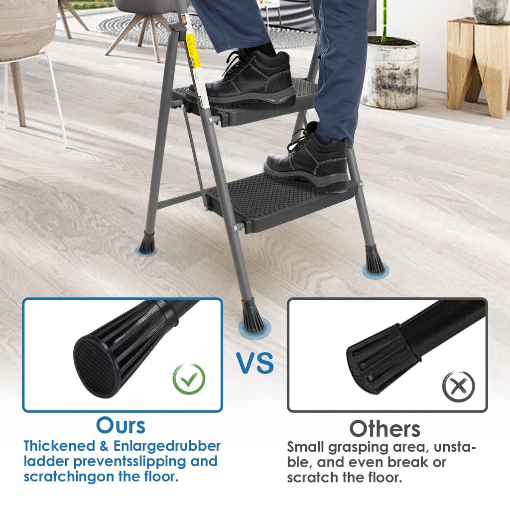 GOLYTON Folding 2-Step Ladder with Anti-Slip Platform and Handrail, Heavy Duty Steel, 500 lbs Capacity, Compact Portable Step Stool for Home, Kitchen & Office Use, Grey