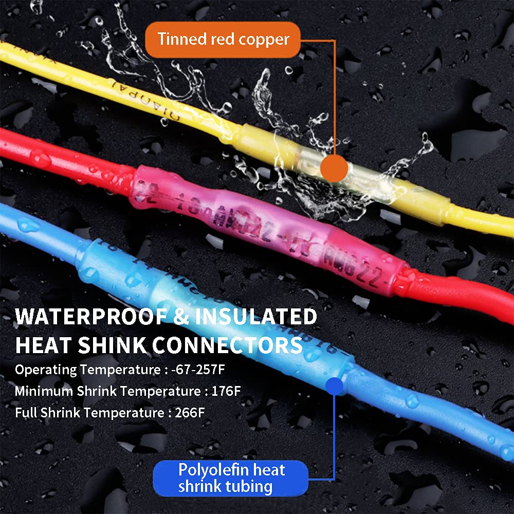 Heat Shrink Butt Connectors, 16-14 AWG 100Pcs Blue Waterproof Electrical Crimp Wire Splice for Marine, Cable, Wiring