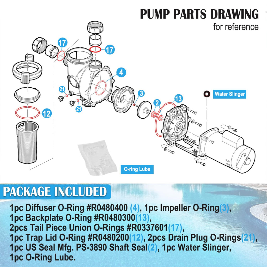 O-Ring Rebuild Repair Kit for Jandy Zodiac FHPF, FHPM, FloPro & VS FloPro Series Pool Pump, (Diffuser/Impeller/Backplate/Tail Piece Union/Trap Lid/Drain Plug) O-Rings/Water Slinger/PS-3890 Shaft Seal