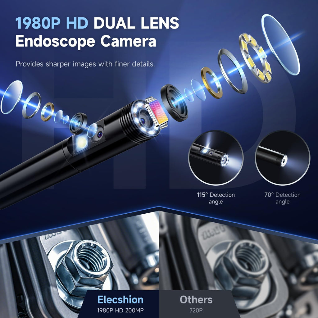Endoscope Camera with Light, Dual-Lens 1920P HD Borescope with 8+1 Adjustable LED Lights, IP67 Waterproof Inspection Camera 16.5FT Semi-Rigid Snake Camera for iOS & Android (2 Interface)