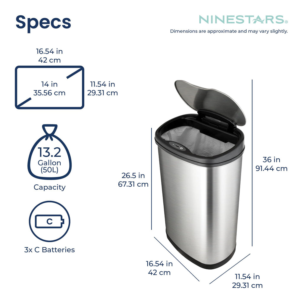 Ninestars 13 Gallon Oval Automatic Trash Can, 50L Touchless Motion Sensor Garbage Can with Odor-Sealing Lid & One-Touch Manual Mode, Silver Stainless Steel, Black Trim