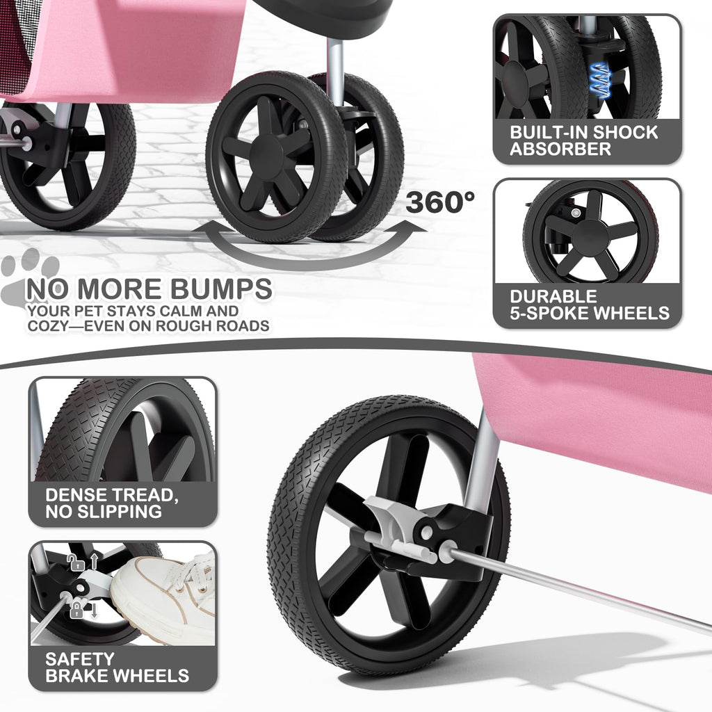 MoNiBloom 3-Wheels Foldable Pet Stroller with Waterproof Cover, Pet Strolling Cart for Small/Medium Dogs and Cats with Storage Basket and Cup Holder, Breathable and Visible Mesh for All-Season, Pink