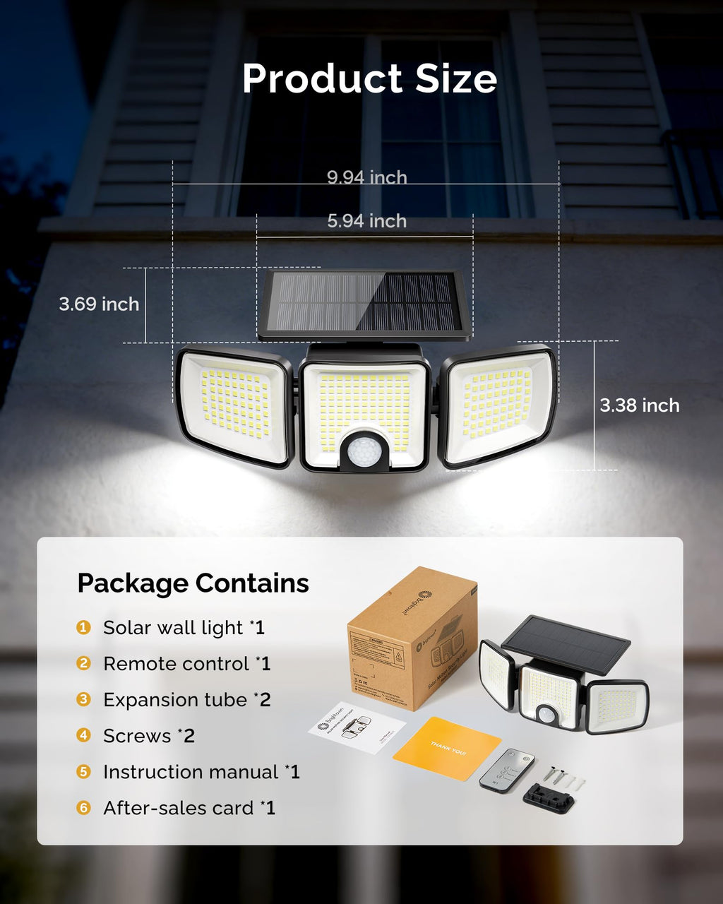 Brightown 4 Pack Solar Outdoor Lights, 2500LM 223 LED Solar Flood Outdoor Lights with Motion Sensor 3 Modes, 3 Head 270° Wide Angle Street Area IP65 Waterproof Security Wall Lights with Remote