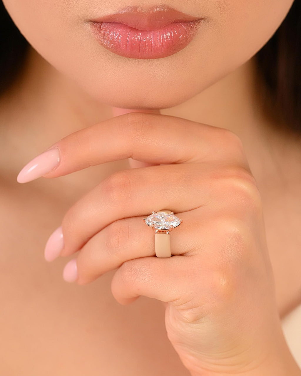 Rinfit Silicone Ring with Stone, Marquise Cut CZ - Nude/RG, Size 6