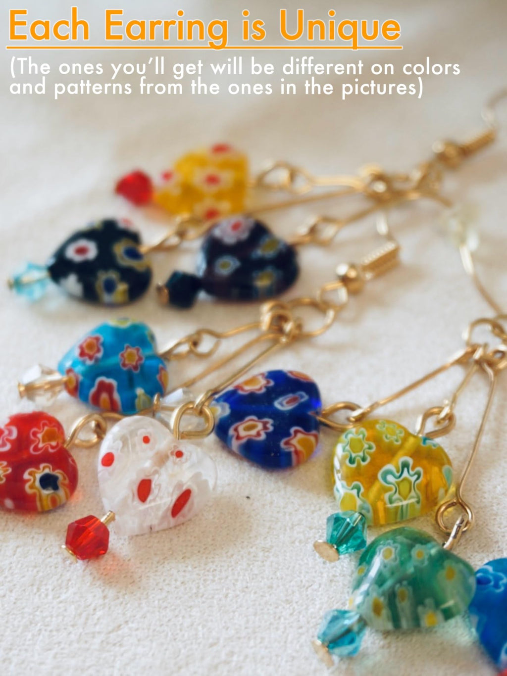 Murano Style Glass Earrings, Colorful Heart Shape Millefiori Beads Drop Dangle Earrings, 18k Gold Plated Multicolor Glass Jewelry, Trendy Gifts for Women Girls