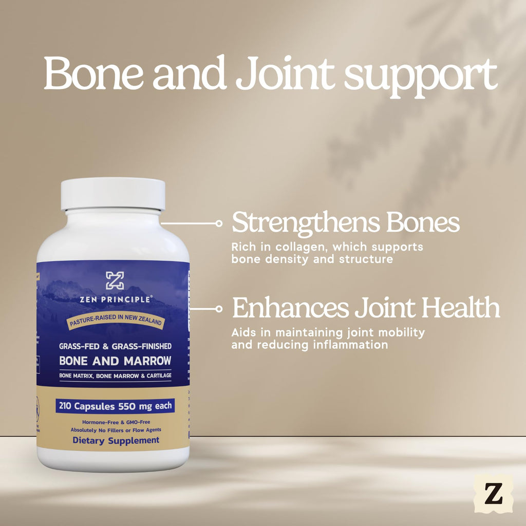 Zen Principle Grass Fed Beef Bone Marrow Supplement, 3300mg. Skin, Oral Health, and Joint Support. Promotes Whole-Body Wellness. Whole Bone Extract, 210 Capsules.