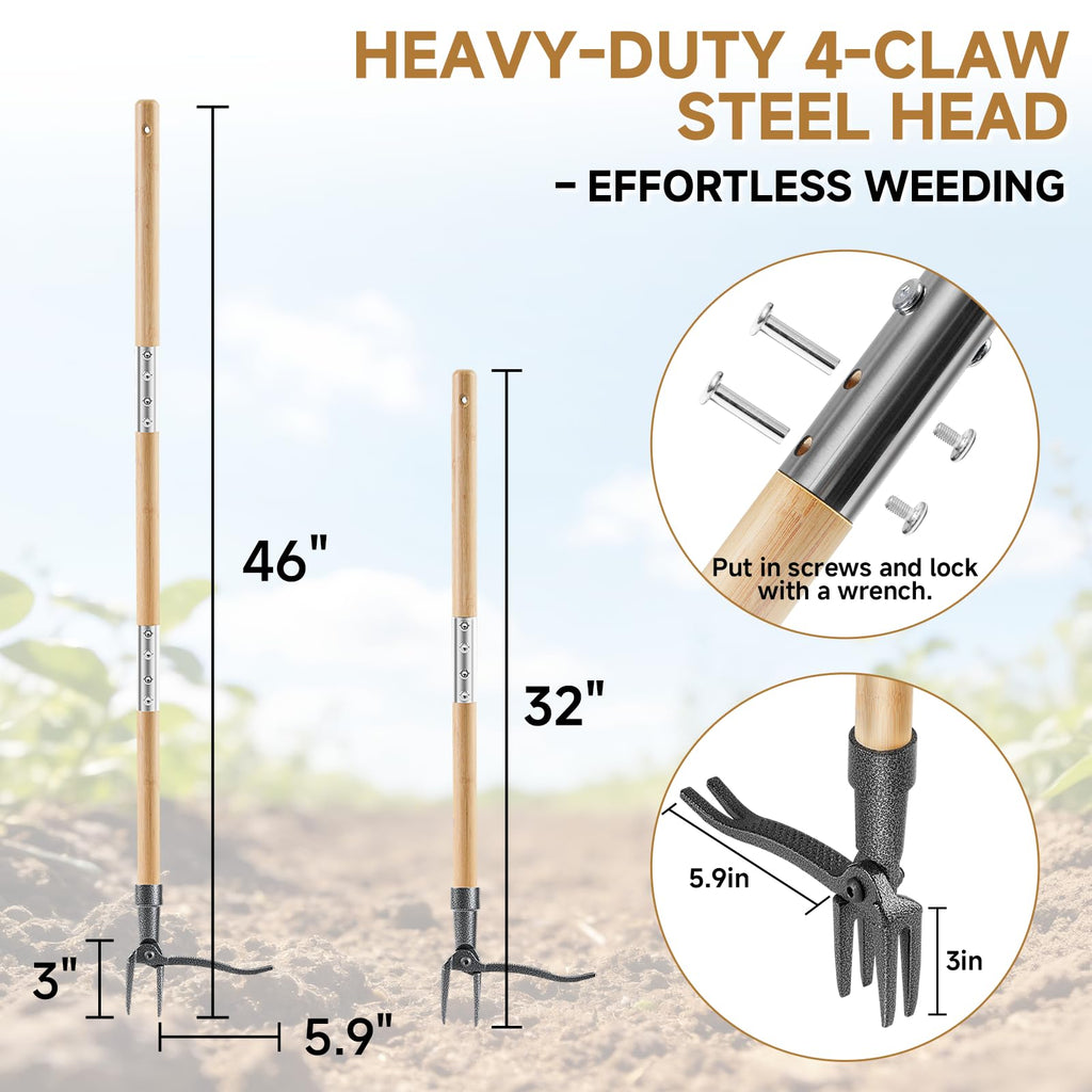 Niulight Heavy Duty Stand Up Weed Puller Tool - 46" Long Handle & 4-Claw Steel Head, Easily Remove Weeds Without Bending or Kneeling, Ergonomic Garden Weeding Tool for Seniors, Dandelion Remover