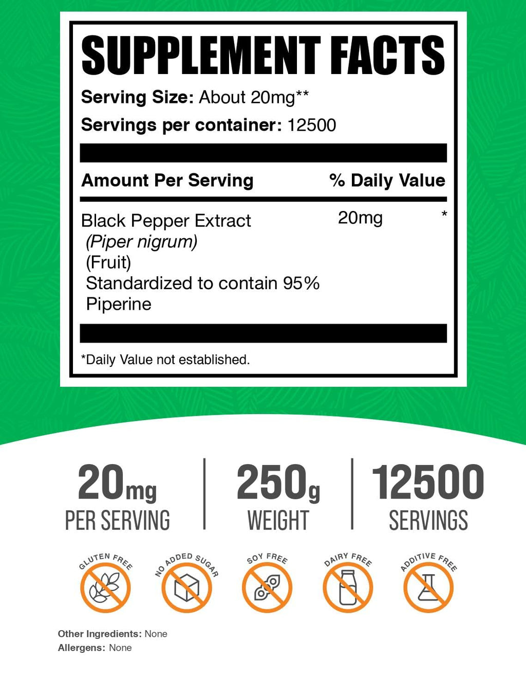 BulkSupplements.com Black Pepper Extract Powder - Black Pepper Supplements, Piperine Supplements - Vegan & Gluten Free, 20mg per Serving, 250g (8.8 oz) (Pack of 1)