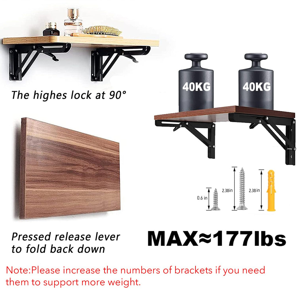AUTOHJ Folding Shelf Brackets 22 inch 4 Pcs - DIY Wall Mounted Shelf Bracket for Garage Workstation, Stuff Supports, Plant Stand - Heavy Duty Collapsible Shelf Bracket Black