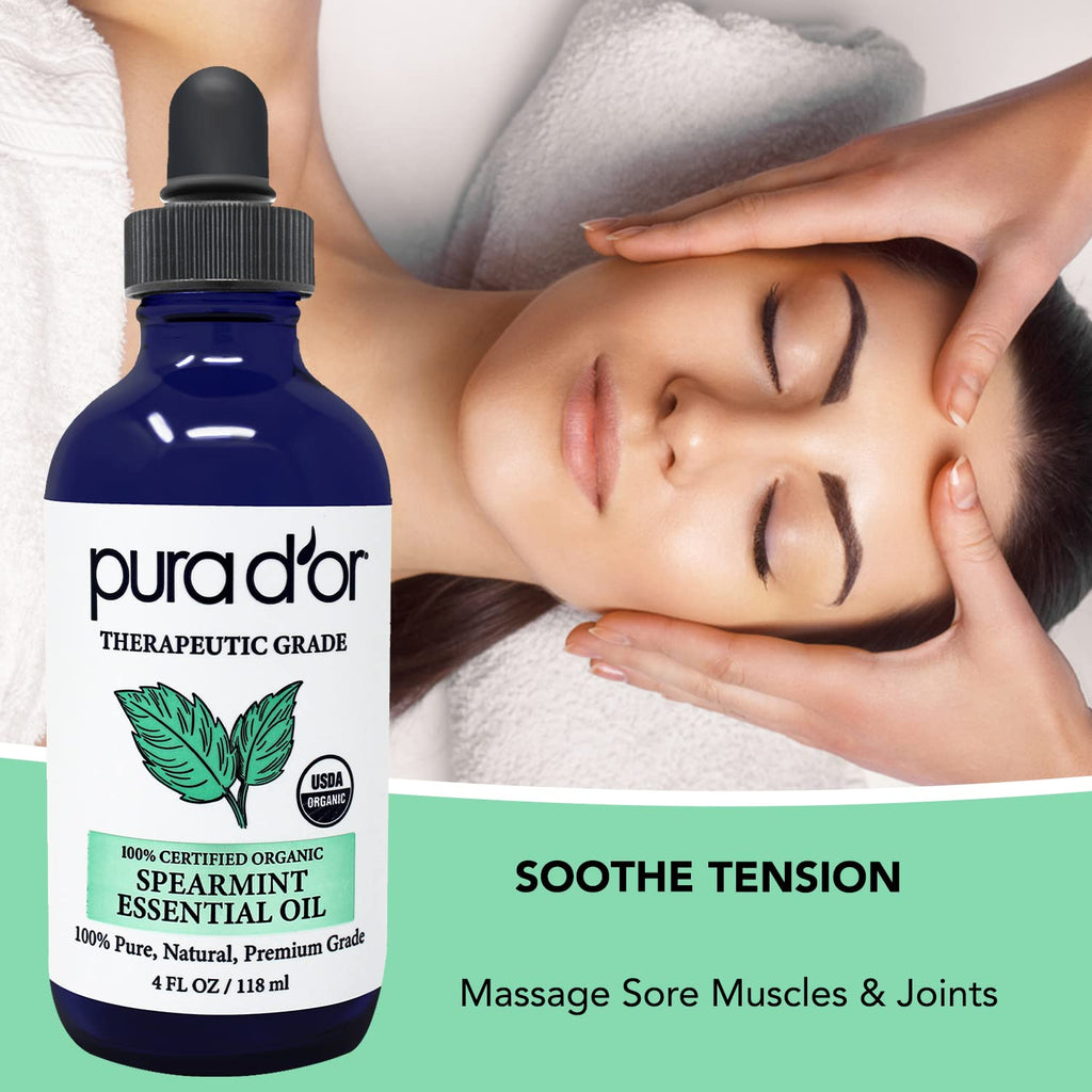 PURA D'OR Organic Spearmint Essential Oil (4oz with Glass Dropper) USDA Certified 100% Pure & Natural Therapeutic Grade Diffuser for Aromatherapy, Focus, Concentration, Mood Uplift