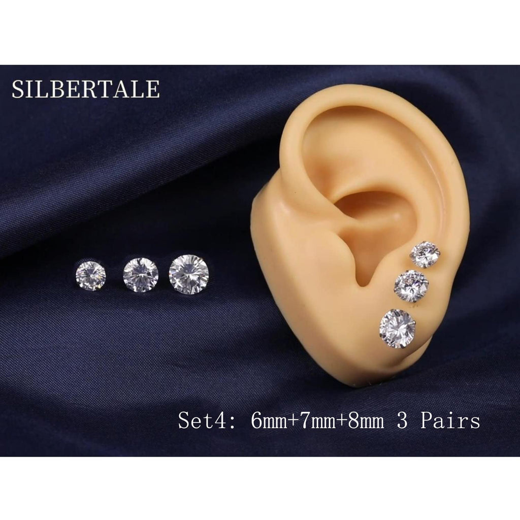 SILBERTALE 3 Pairs 925 Sterling Silver Cubic Zirconia Stud Earrings Set 3-8mm for Men Women