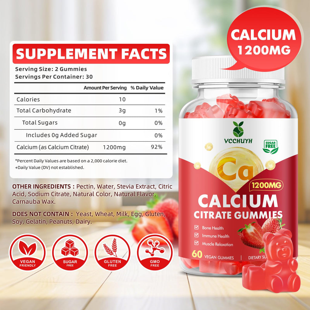 VCCHUYH Calcium Citrate Gummies 1200mg, Chewable Calcium Supplements for Women & Men, Sugar Free Calcium Gummies for Bone, Muscle & Immune Support, Strawberry Flavor 120 Count