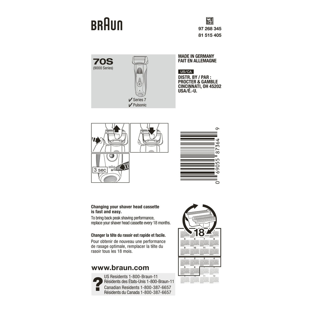 Braun Series 7 70S Electric Shaver Head Replacement Cassette – Silver