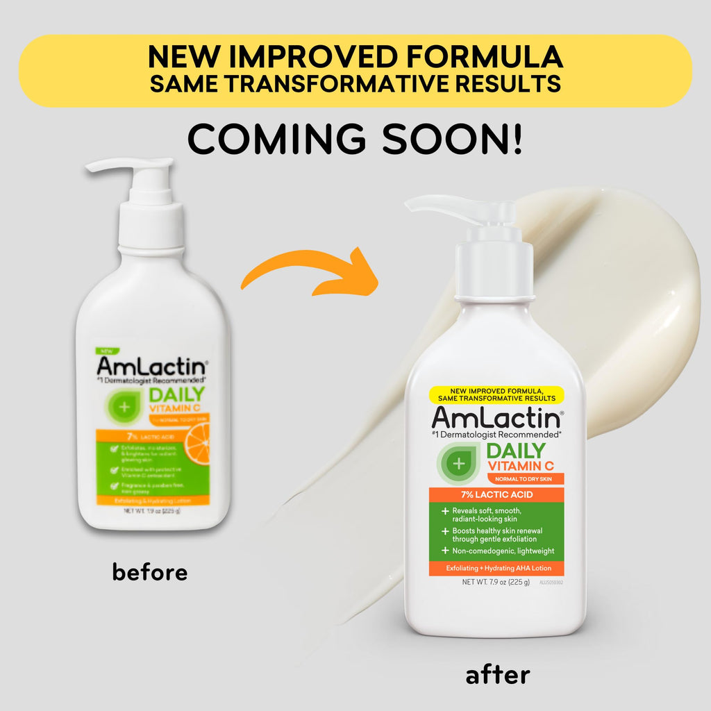 AmLactin Daily Vitamin C Lotion – Brightening Body Lotion for Dry Skin - No-Scrub Exfoliator and Moisturizer with 7% Lactic Acid AHA and Vitamin C, 7.9 oz (Packaging May Vary)