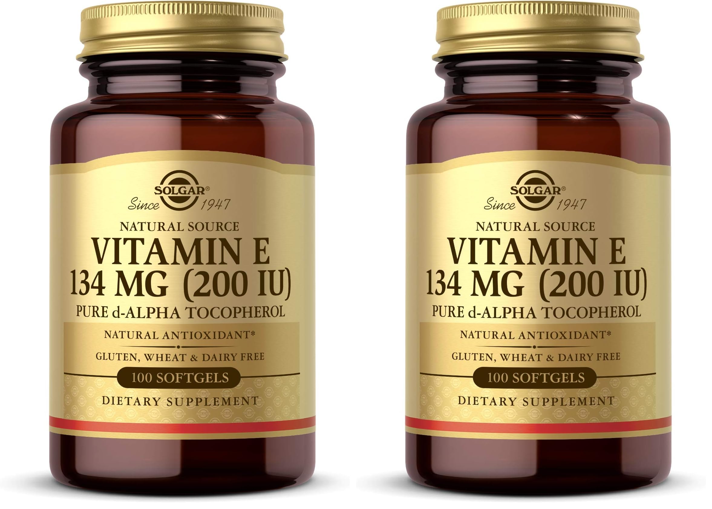 Solgar Vitamin E 200 IU Alpha,100 Softgels - Antioxidant,Healthy Aging,Healthy Skin,Immune System Support - Natural Source Vitamin E - Gluten Free,Dairy Free - 100 Servings,(Pack of 2)