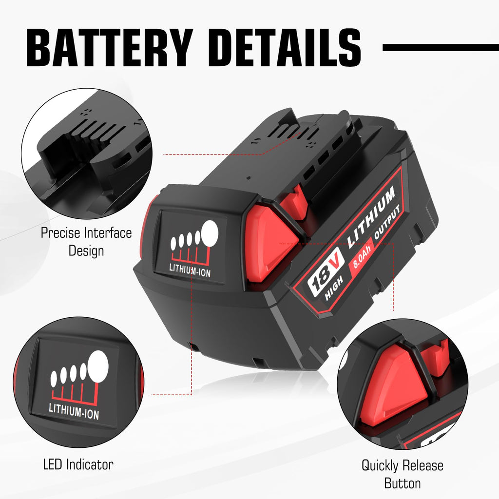 4 Pack 8.0Ah Extended Runtime Battery Replacement for Milwaukee 18V Battery