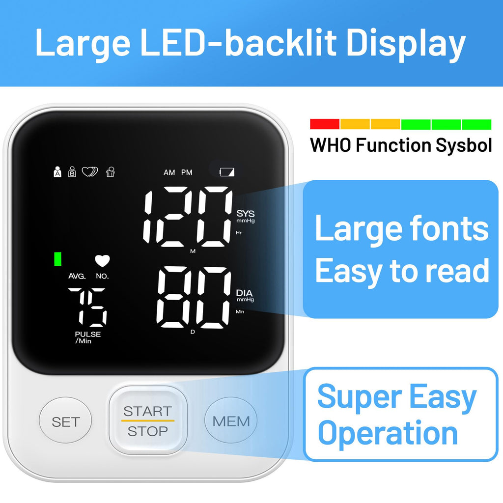 Blood Pressure Monitor Upper Arm Machine Accurate Adjustable BP Cuff Kit Led Backlit Display 2 Users 240 Sets Memory Includes Storage Bag White