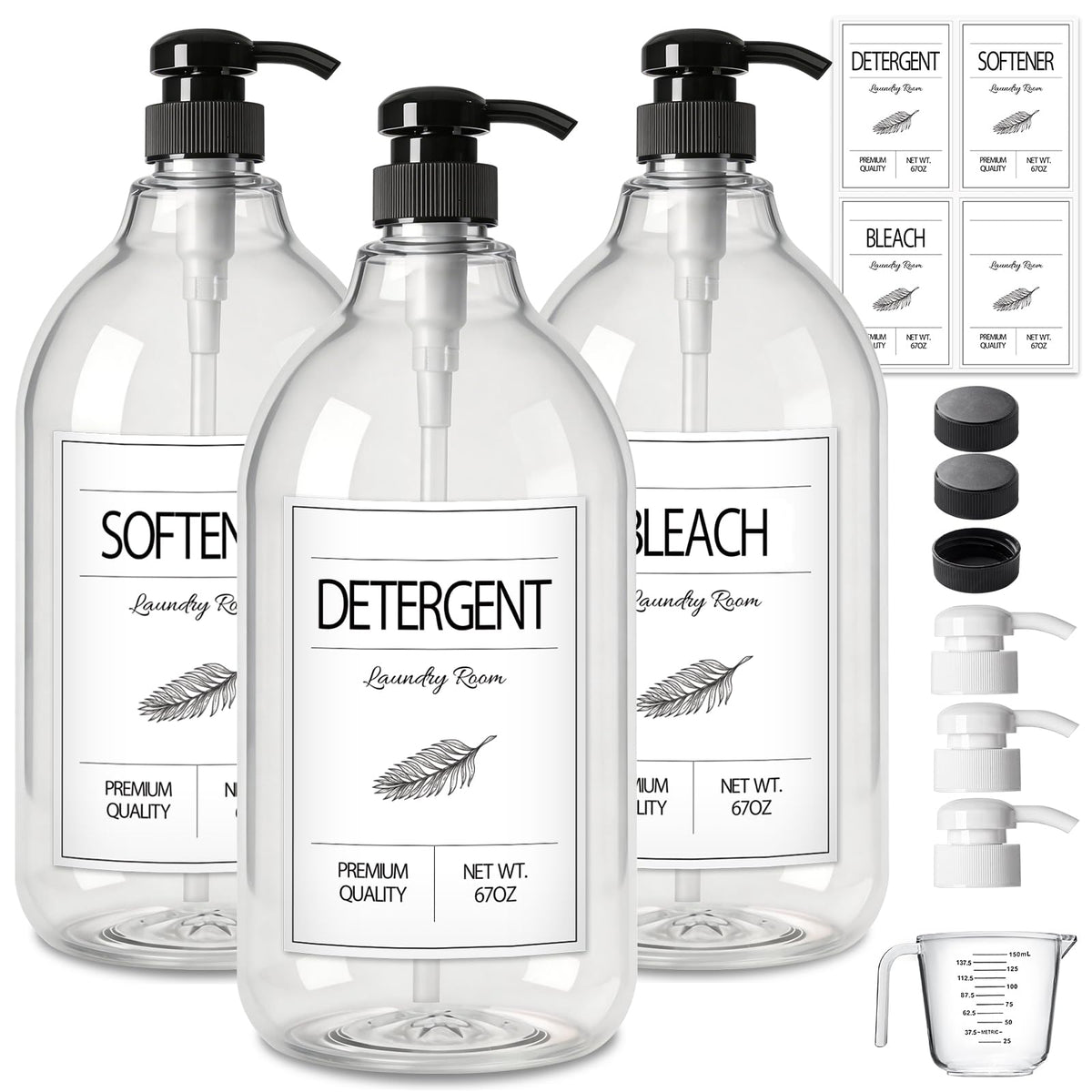 GMISUN Laundry Detergent Soap Dispenser, Plastic Liquid Laundry Detergent Dispenser, Container for Farmhouse Laundry Room Decor, Organizer for Liquid SoftenerBleach Heavy Duty Plastic Bottle(3 Pack)