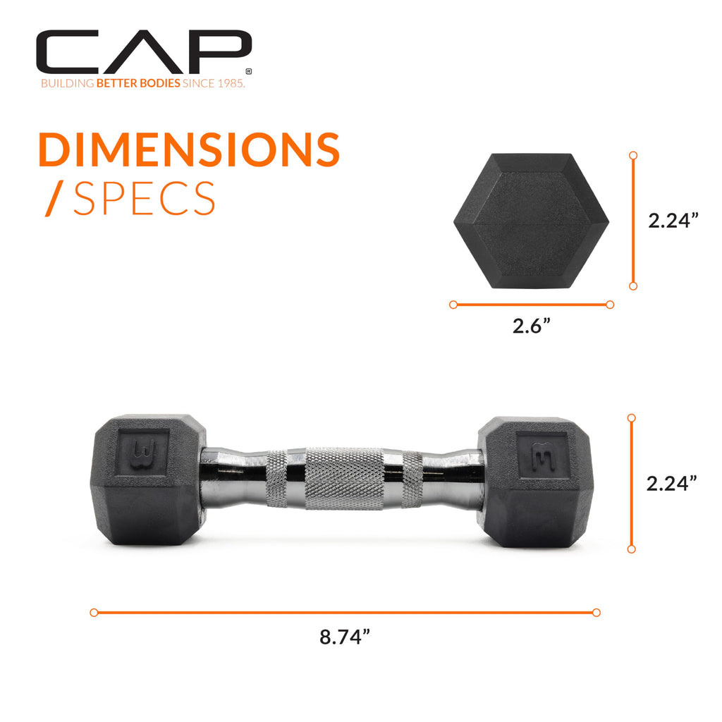 CAP Barbell 3 LB Rubber Coated Hex Dumbbell Hand Weight - Pair | Chrome Handle