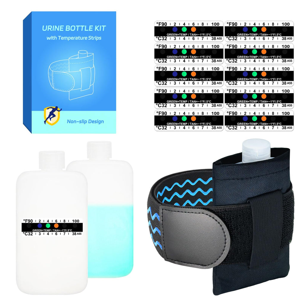 Complete Urine Test Kit - 3.5 oz Translucent Smaller Bottle, Hidden Non-Falling Leg Strap, High Elasticity, Urine Test Thermometer Label and Bag