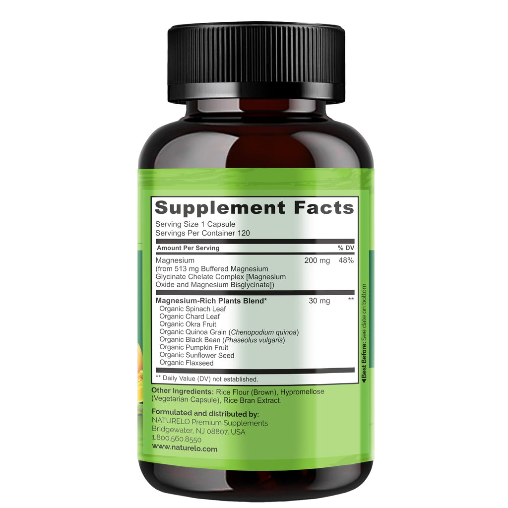 NATURELO Magnesium Glycinate Chelate Complex - 200 mg Magnesium with Organic Vegetables to Support Sleep, Calm, Muscle Cramp & Stress Relief - Gluten Free, Non GMO - 120 Capsules