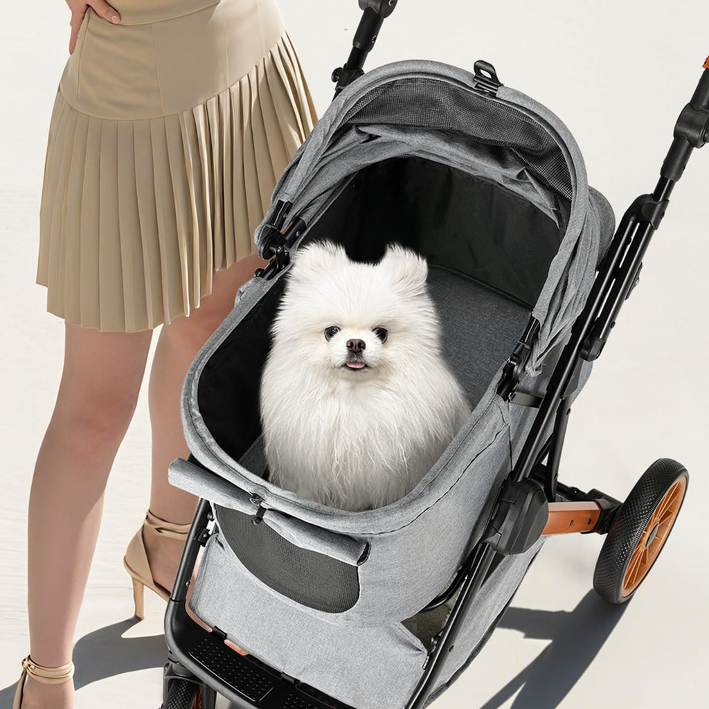 MAMIZO Foldable Dog Stroller for Medium Dogs Cats Up to 33 Lbs, Adjustable Height Handle, Pet Stroller with Aluminum and Carbon Steel Frame, Sun Shades, Storage Basket & Shock Absorbers, All-Terrain