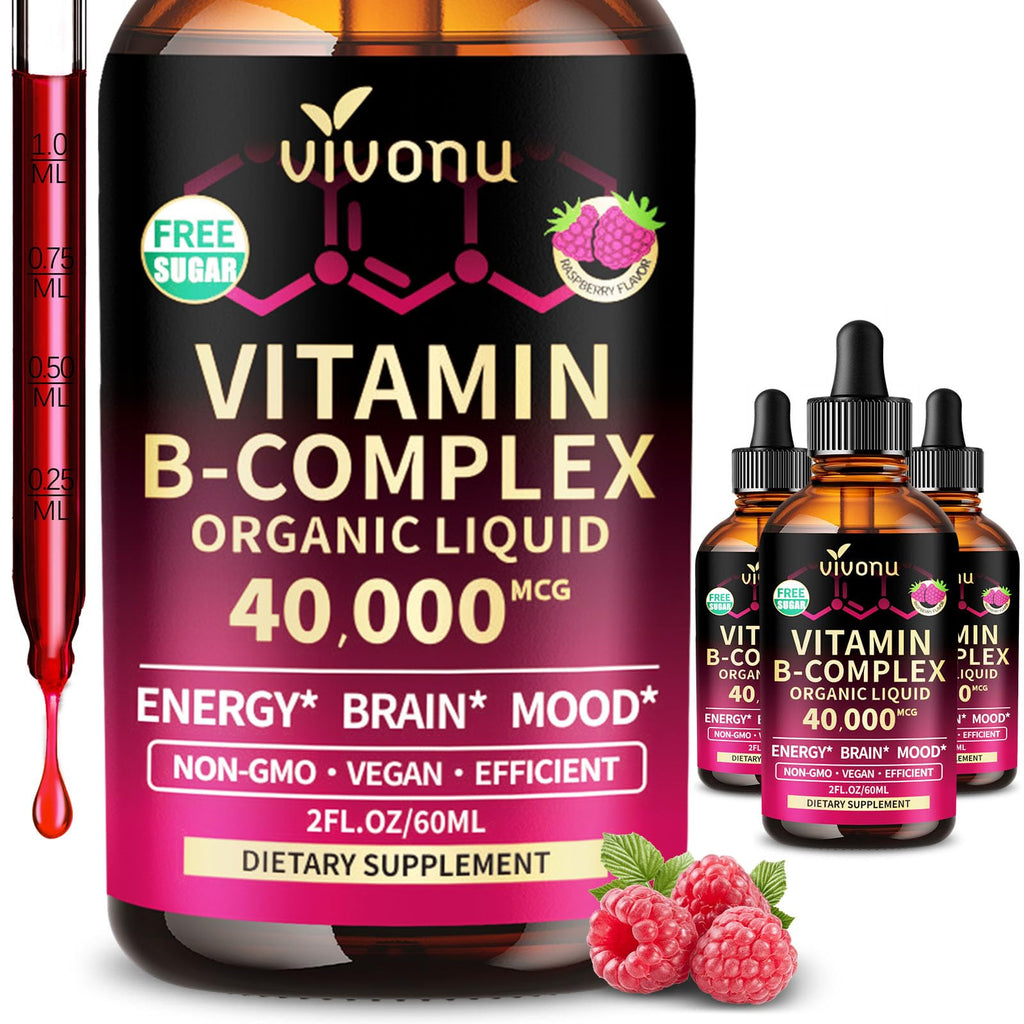 VivoNu Vitamin B Complex Liquid Drops, Methylated Vitamin B12 6000 mcg, B1, B6, B3, B5, B2, Folate, Biotin, Magnesium, Zinc, CoQ10 for Metabolism* & Energy Support, Raspberry Flavor - 3 Bottle