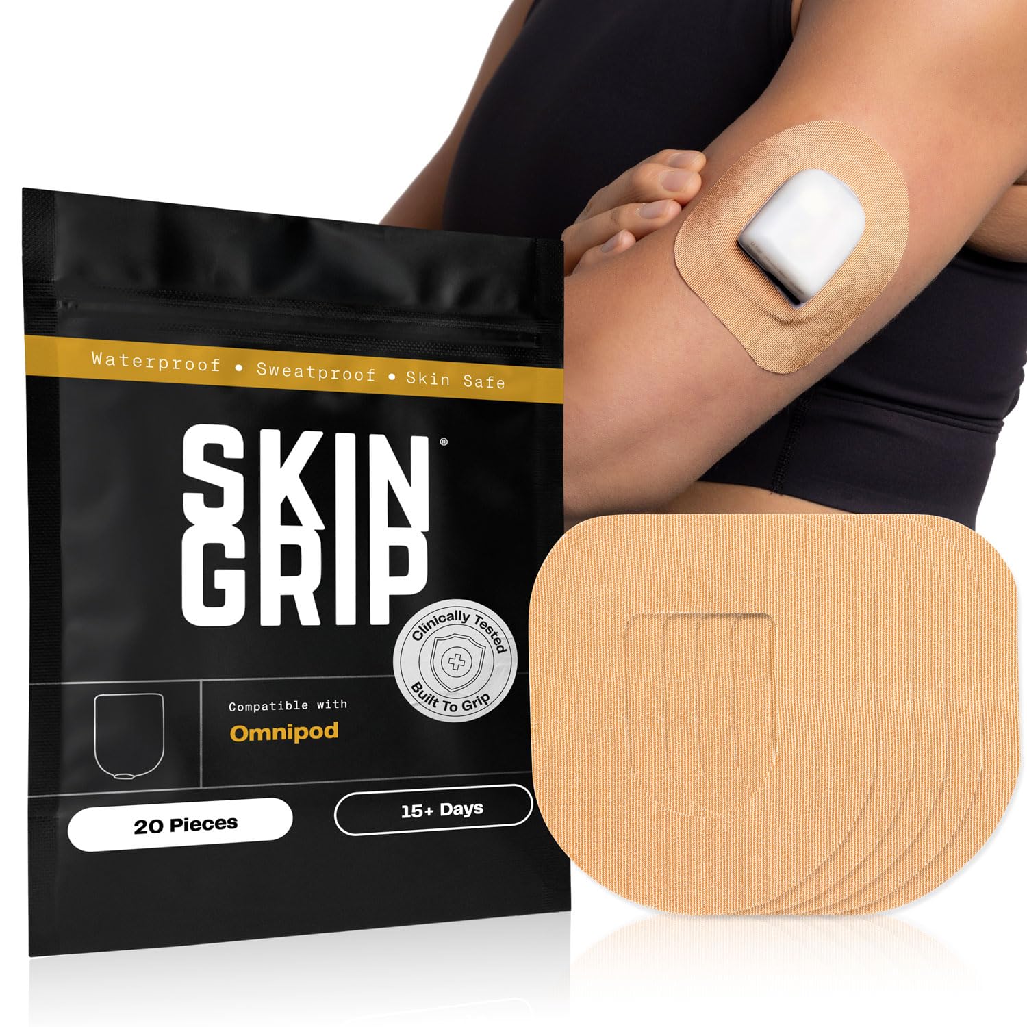 Skin Grip Insulet Omnipod 5 Adhesive Patches Waterproof & Sweatproof (Also Fits Omni pod Dash), Pre-Cut Medical Tape, Ultimate Insulin Pump Protection, Diabetic Sensor Covers, 20-Pack, Tan