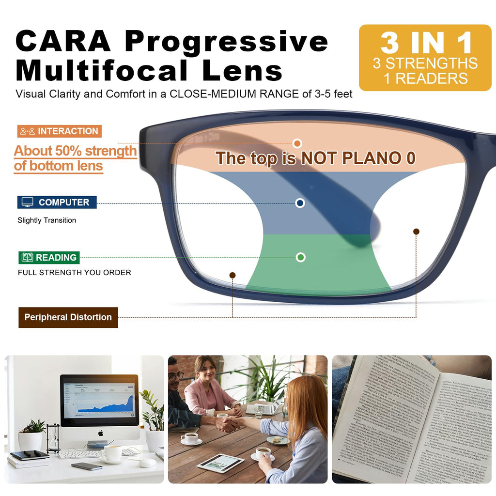 CARA Progressive Reading Glasses for Men Multifocus TR90 Readers, Superior Lightweight Blue Light Blocking Eyeglasses 2 Pack(Black+Blue, +3.50)