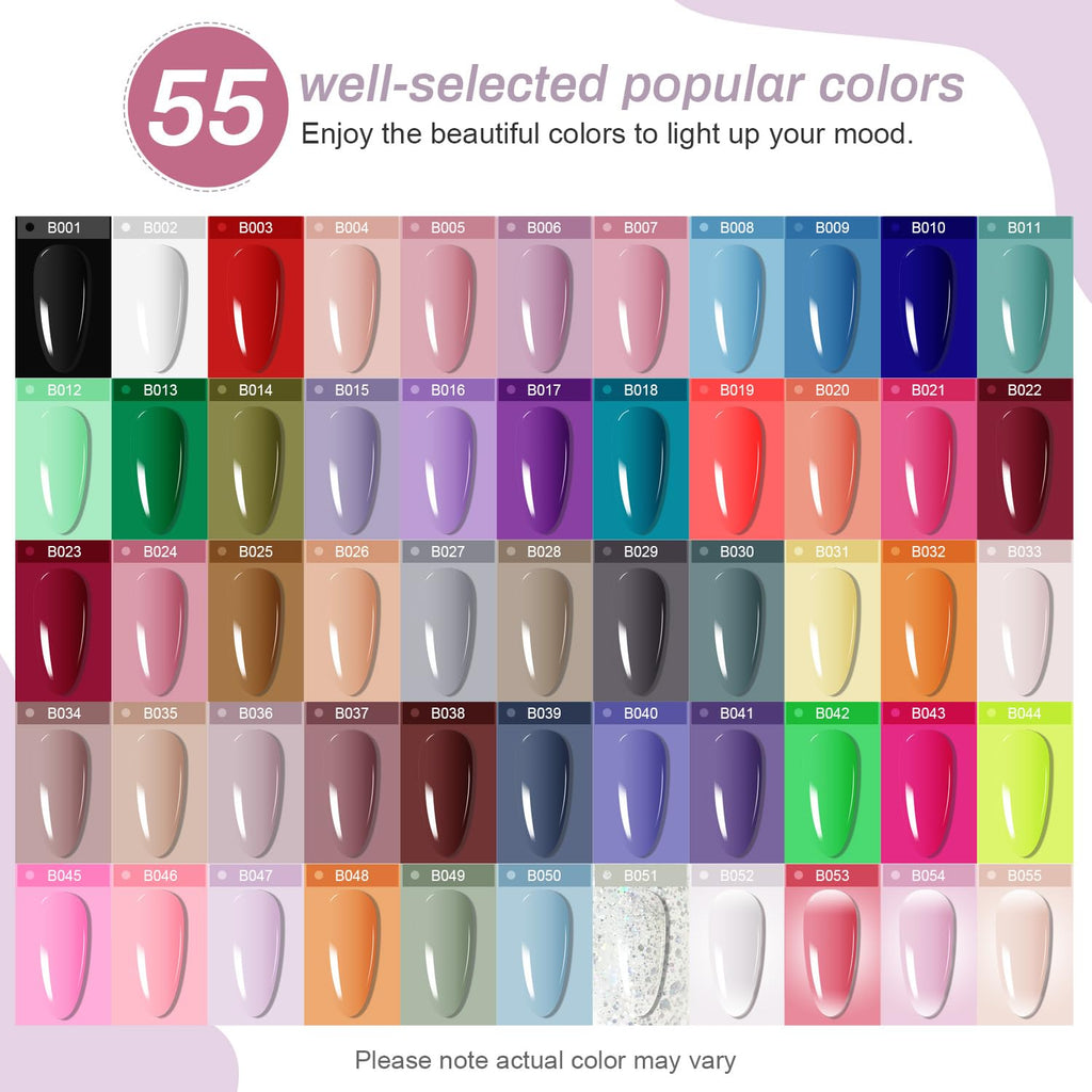 JODSONE Gel Nail Polish Kit 60 PCS with U V Light Soak off Base Top Coat 55 Shine Colors Gel Nail Kit Bright and Dark Brown Wine Red Series Manicure Set for Women and Girls