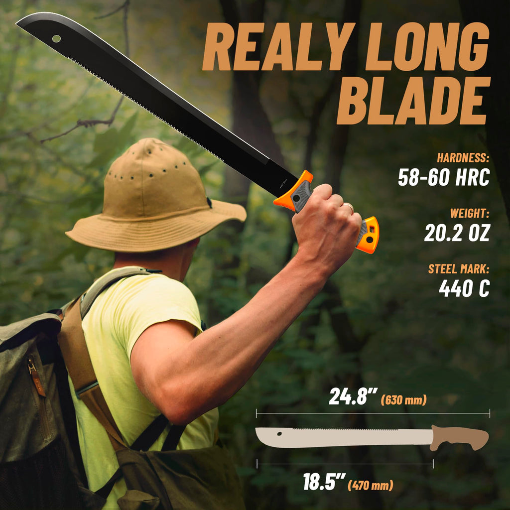 Machete with Saw - 25" Heavy Duty Tool & Sheath - Ergonomic No-Slip Handle - Survival Knife with Serrated Blade - Machetes for Bushcraft Hunting Garden Cutting Trees Yard Work 13153