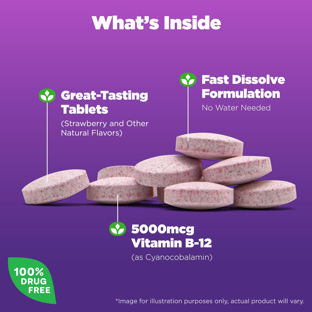 Natrol B12 Vitamins 5000 mcg, Fast Dissolve Vitamin B12 Supplement Supports a Healthy Nervous System and Energy Metabolism, 200 Tablets, Up to a 200 Day Supply
