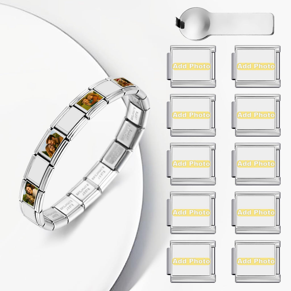 GEMOSA Silver 10PCS Custom Photo Italian Charm Bracelet Set, Stainless Steel with Gift Box & Tool – Personalized Jewelry Gift for Women
