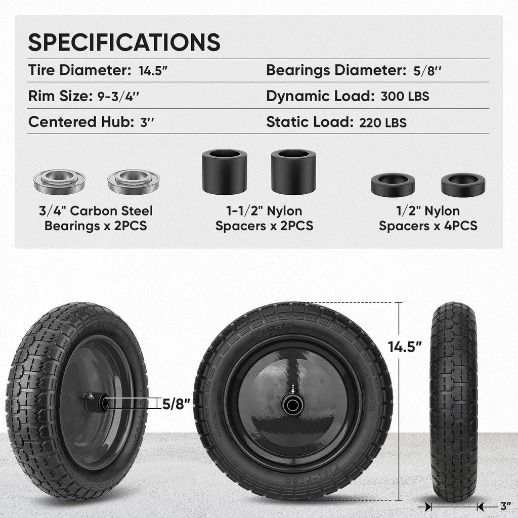TICONN 4.80/4.00-8 Tire, 14.5" Flat Free Wheelbarrow Tire and Wheel, Solid Replacement Tires with 3" Centered Hub, 5/8" 3/4" Bearings, Universal Fit 4.80/4.00-8, 3.50/3.00-8, 4.00-6 (Black)