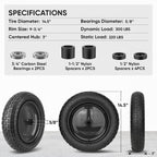 TICONN 4.80/4.00-8 Tire, 14.5" Flat Free Wheelbarrow Tire and Wheel, Solid Replacement Tires with 3" Centered Hub, 5/8" 3/4" Bearings, Universal Fit 4.80/4.00-8, 3.50/3.00-8, 4.00-6 (Black)