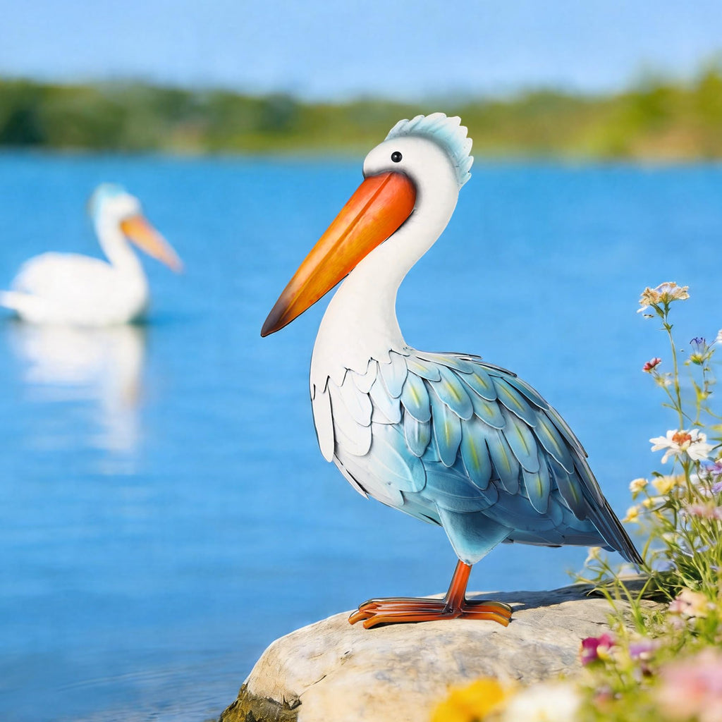 Ratuor Pelican Statues Metal Garden Decor Coastal Blue Heron Yard Art Sculpture Ornament for Backyard Porch Patio Pond Decor
