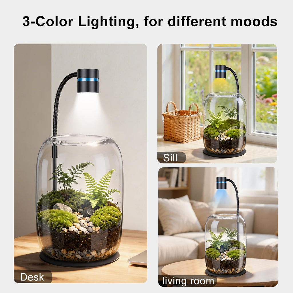 Yeeweek Glass Plant Terrarium with LED Grow Light for Home Office