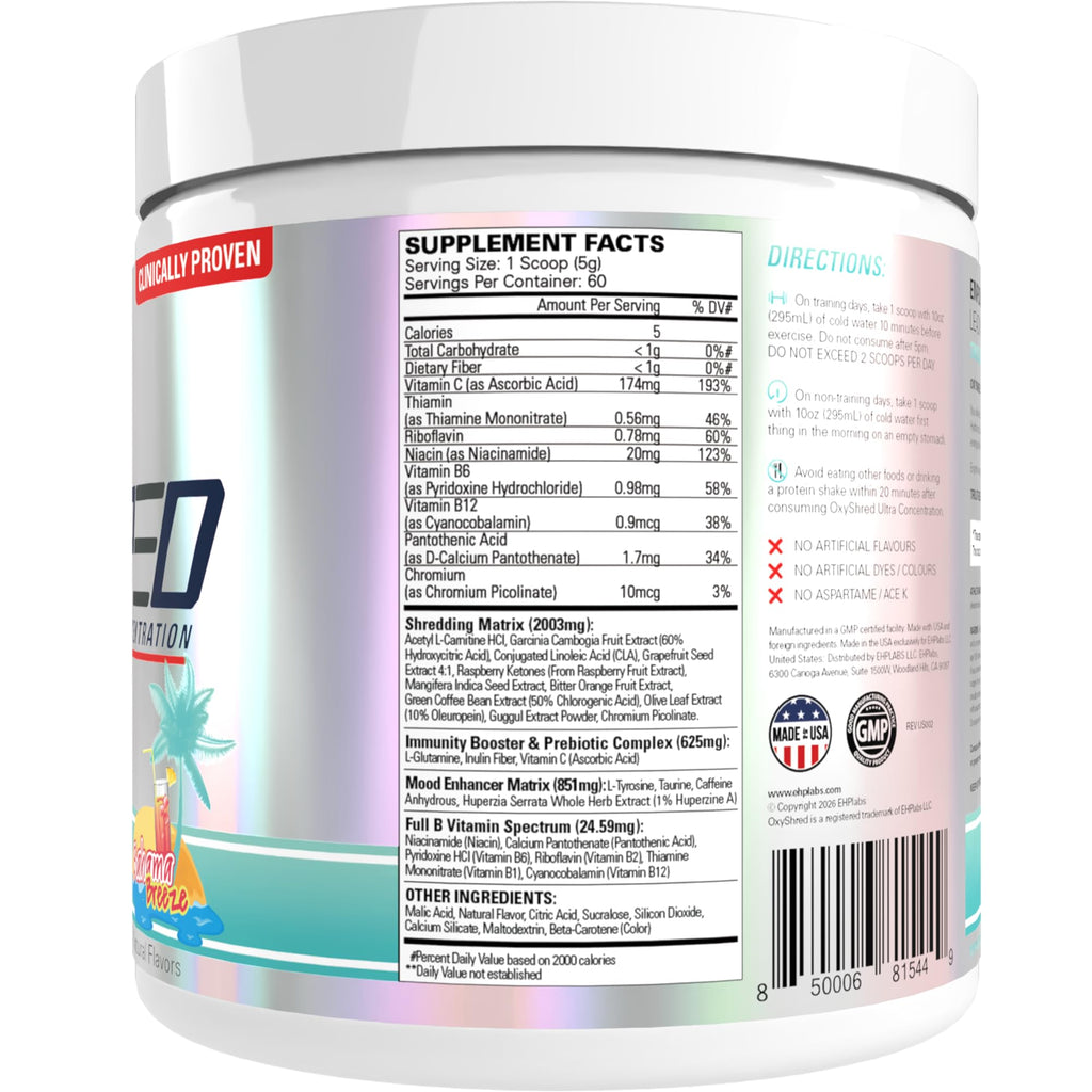 EHP Labs OxyShred Pre Workout Powder - Preworkout Powder with L Glutamine & Acetyl L Carnitine, Energy Boost Drink - Bahama Breeze/Beach, 60 Servings