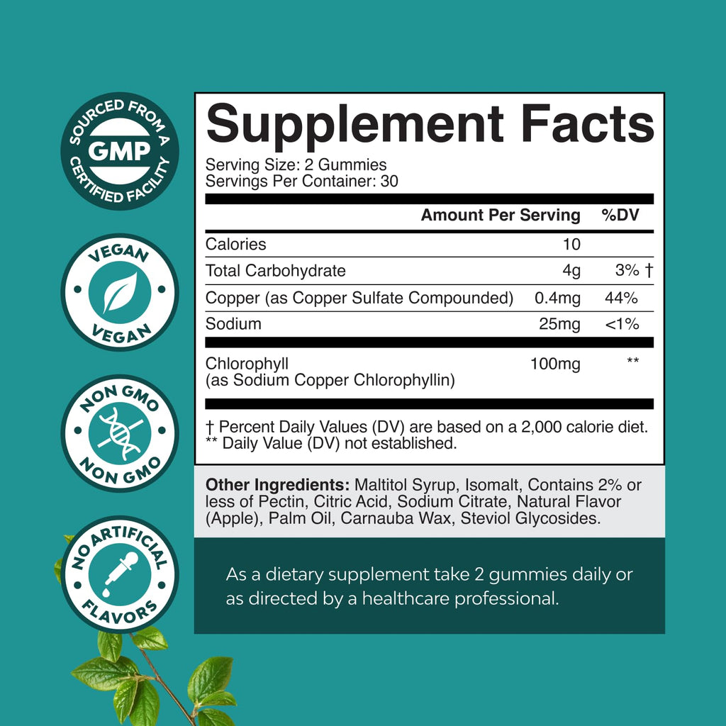 Chlorophyll Gummies for Cleanse & Detox Support - Potent Internal Deodorizer Chloropyll Supplements for Body Odor Healthy Skin Immunity & Digestive Support - Vegan Non-GMO & Gluten Free - 60 Count