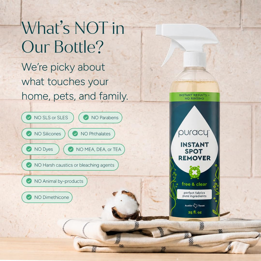 Puracy Laundry Stain Remover for Clothes Laundry - Carpet Stain Remover Carpet Spot Cleaner Couch Stain Remover - Clothes Spray, Free & Clear - Instant Spot Remover, 25 Fl Oz (Pack of 1)