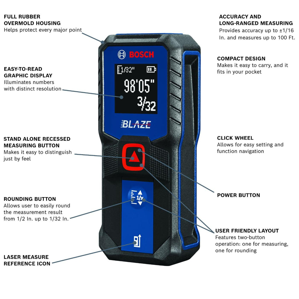BOSCH GLM100-23 100 Ft BLAZE Laser Distance Measure, Includes 2 AA Batteries